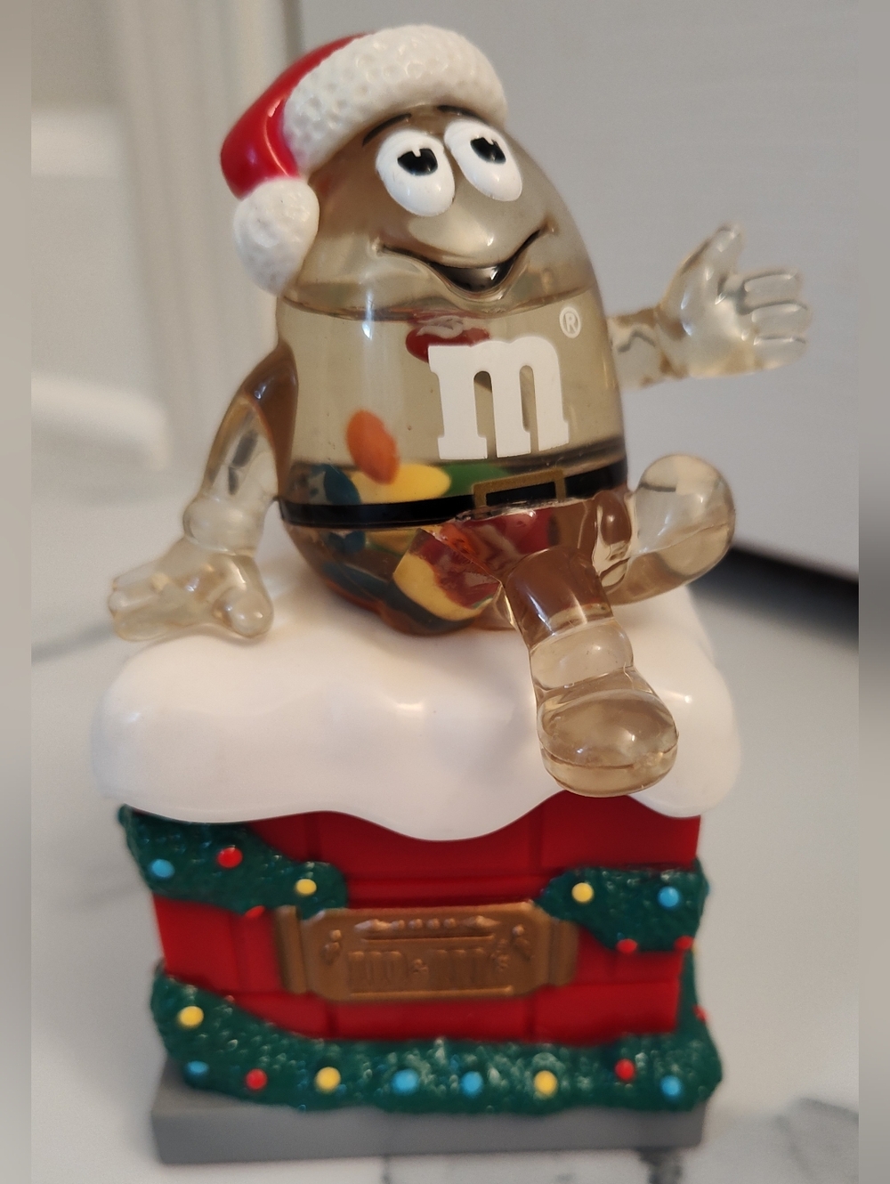 Vintage M&M Mars Inc Christmas Theme Snow Globe Plastic Candy Storage Container